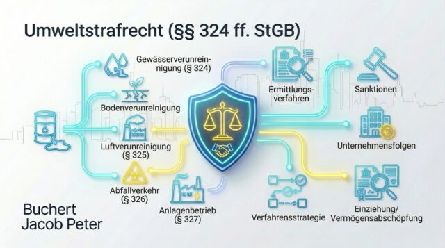 Anwalt für Umweltstrafrecht in Frankfurt: Strafverteidigung bei Gewässerverunreinigung, Bodenverunreinigung und Abfallverstößen (§§ 324 ff. StGB) durch die Kanzlei Buchert Jacob Peter.