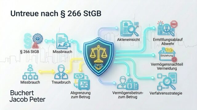 Ein detailliertes Neon-Infografik-Diagramm zur 'Untreue nach § 266 StGB' von der Kanzlei Buchert Jacob Peter. Ein zentraler Schild mit Neon-Waage und Händedruck ist mit verschiedenen rechtlichen Konzepten und Verteidigungsstrategien verbunden, darunter § 266 StGB, Missbrauch, Treuebruch, Akteneinsicht, Ermittlungsablauf Abwehr, Vermögensnachteil Vermeidung, Einziehung, Verfahrensstrategie, Vermögensbetreuung und Abgrenzung zum Betrug. Die leuchtenden Neon-Pfade strukturieren die Übersicht.