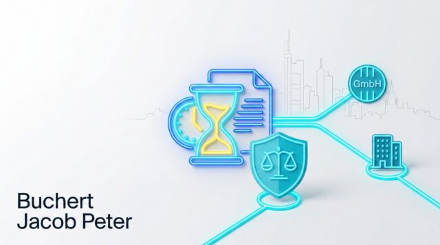 Ein minimalistisches Website-Hero-Bild für die Kanzlei Buchert Jacob Peter: Vor der Frankfurter Skyline symbolisieren eine Neon-Sanduhr und ein Dokumenten-Icon kritische Insolvenzfristen, während ein zentrales, verwobenes Schutzschild rechtliche Sicherheit und Struktur bei Vorwürfen der Insolvenzverschleppung darstellt.