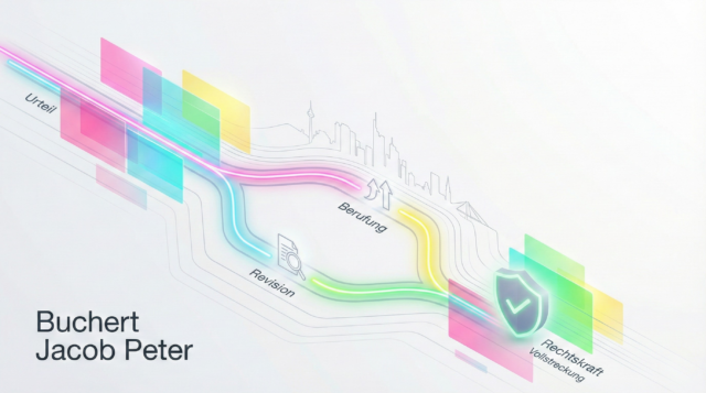 Modernes Grafik-Design zum Wirtschaftsstrafrecht in Frankfurt mit Fokus auf Revision und Rechtskraft für Buchert Jacob Peter.
