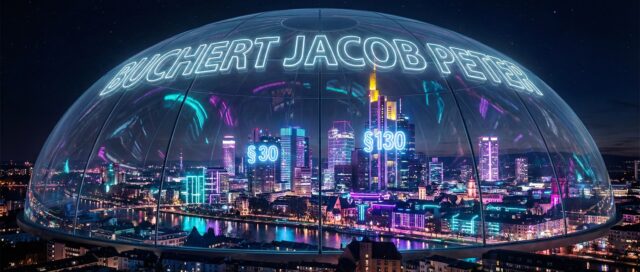 Nächtliche Frankfurter Skyline unter einer schützenden Glaskuppel mit dem Neon-Schriftzug "BUCHERT JACOB PETER". Auf den Wolkenkratzern leuchten die Paragraphen § 30 und § 130, symbolisch für Unternehmensverteidigung und Compliance-Beratung.