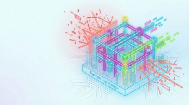 Abstrakte 3D-Illustration: Eine leuchtende Neon-Struktur aus Datenblöcken schützt vor chaotischen digitalen Angriffen, symbolisch für strukturierte Steuerstrafverteidigung.