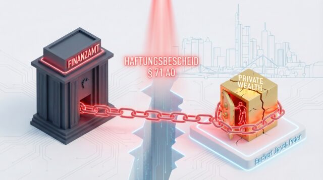 3D-Illustration: Eine schwere, leuchtende Neon-Kette (Haftung) verbindet das Finanzamt mit dem Privatvermögen vor der Frankfurter Skyline.