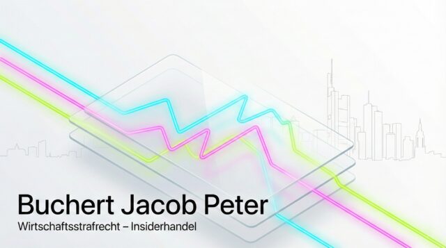 Insiderhandel im Wirtschaftsstrafrecht: Grafik der Kanzlei Buchert Jacob Peter mit Frankfurt-Skyline und Neon-Datenlinien.