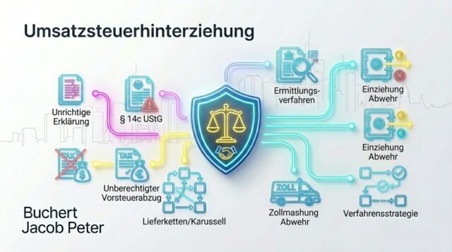 Anwalt für Umsatzsteuerhinterziehung in Frankfurt: Strafverteidigung bei Vorwurf der Steuerhinterziehung (§ 370 AO), unberechtigtem Vorsteuerabzug, Scheinrechnungen und Ermittlungen durch Buchert Jacob Peter.