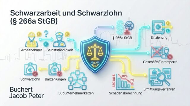 Anwalt für Schwarzarbeit und Schwarzlohn in Frankfurt: Strafverteidigung bei Vorenthalten von Arbeitsentgelt (§ 266a StGB), FKS-Ermittlungen und Subunternehmerketten durch Buchert Jacob Peter.