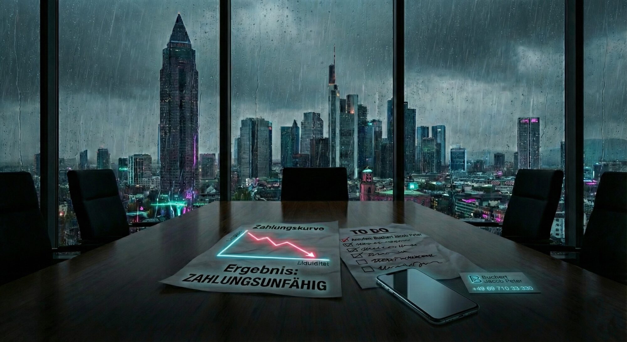 Soforthilfe bei Vorwurf der Insolvenzverschleppung & Zahlungsunfähigkeit – Kanzlei Buchert Jacob Peter Düstere Konferenzraumszene vor verregneter Frankfurter Skyline: Auf dem Tisch liegen Unterlagen mit dem Ergebnis 'Zahlungsunfähig' und eine To-Do-Liste mit der Priorität, die Kanzlei Buchert Jacob Peter für Insolvenzstrafrecht anzurufen
