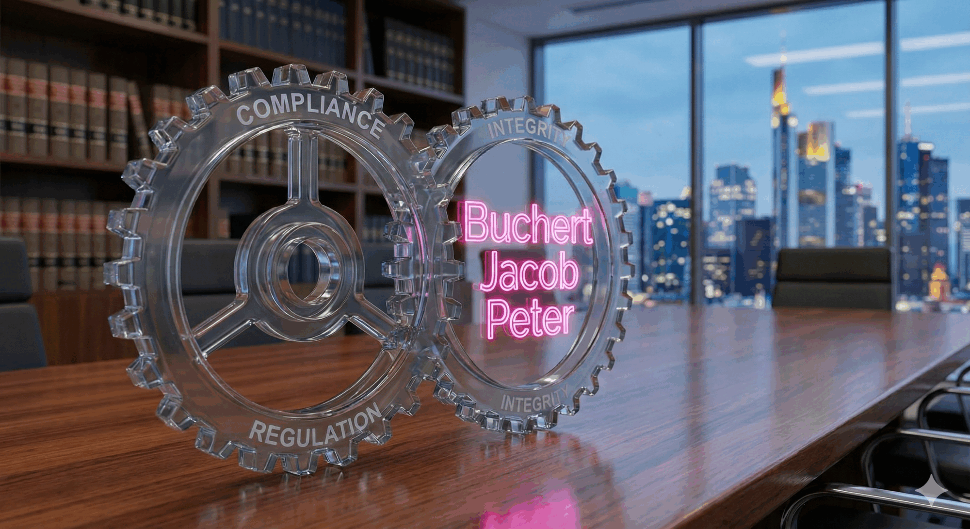 Compliance Beratung Buchert Jacob Peter alt="Symbolbild für effektive Compliance in Unternehmen: Ein transparentes mechanisches System aus ineinandergreifenden Zahnrädern mit einem leuchtenden Schutzschild im Zentrum, das die strukturierte Compliance Beratung der Kanzlei Buchert Jacob Peter zur Risikominimierung visualisiert."