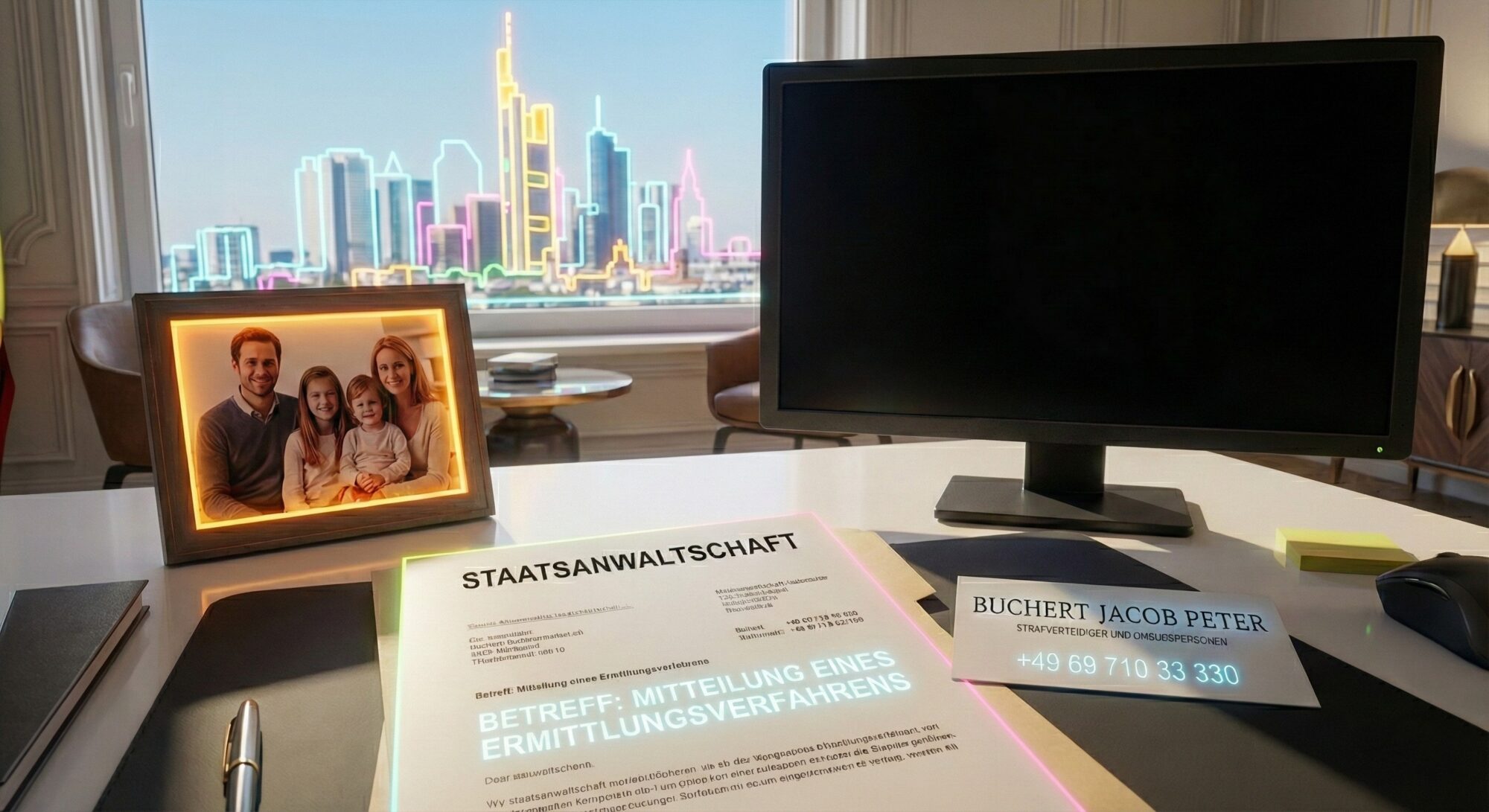 Schreibtischszene der Kanzlei Buchert Jacob Peter, symbolisch für Wirtschaftsstrafrecht. Ein neon-beleuchtetes Schreiben der Staatsanwaltschaft über ein Ermittlungsverfahren liegt neben der Visitenkarte der Frankfurter Strafverteidiger. Im Hintergrund die Skyline von Frankfurt in Neonfarben, auf dem Monitor ist ein heller Besprechungsraum zu sehen.