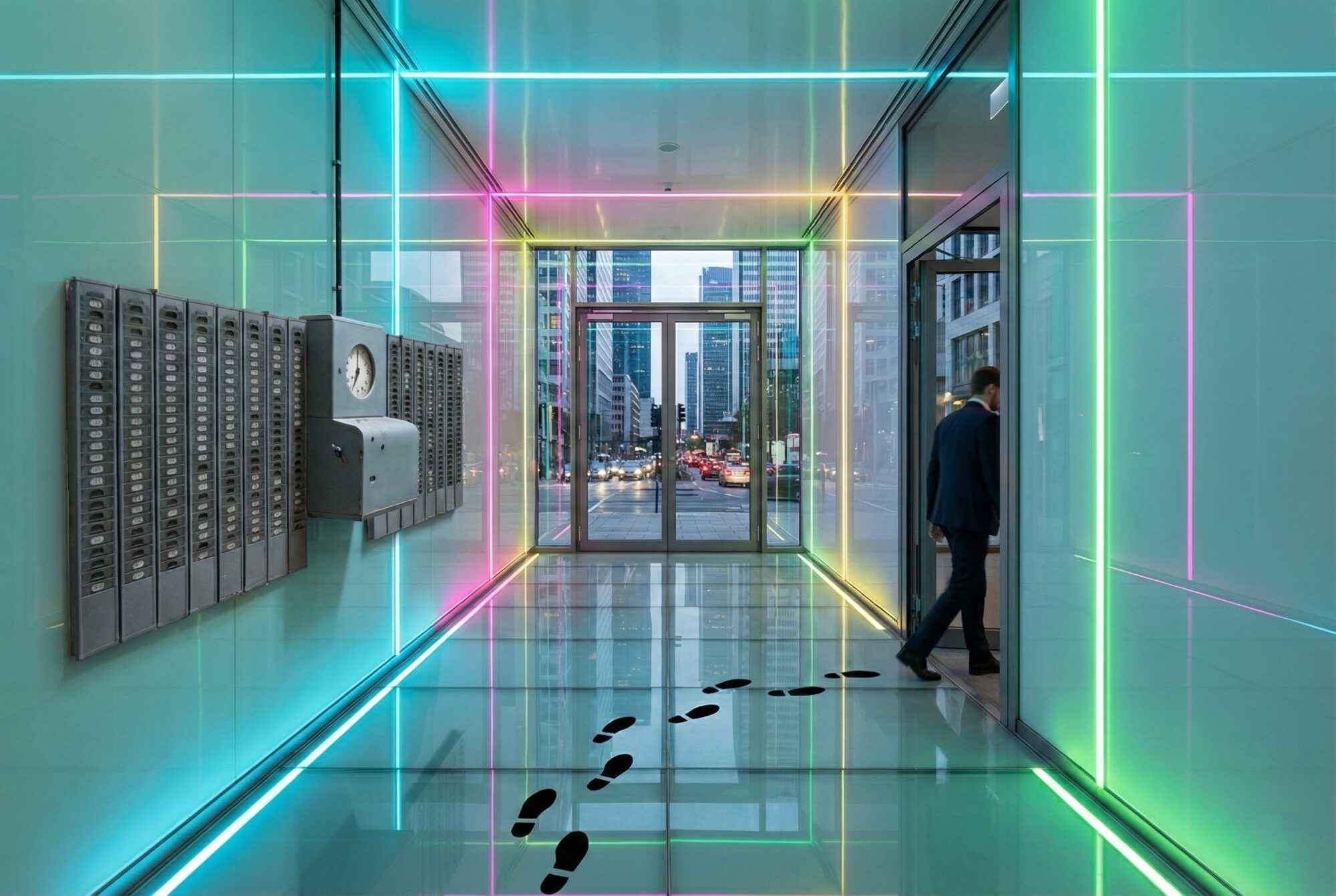 Futuristischer, in Neonfarben der Kanzlei beleuchteter Büroflur mit Blick auf Frankfurt. Eine antike Stechuhr an der Wand und Fußspuren am Boden, die zu einem gehenden Mann im Anzug führen, symbolisieren einen Fall für das Arbeitsstrafrecht, wie etwa Arbeitszeitbetrug