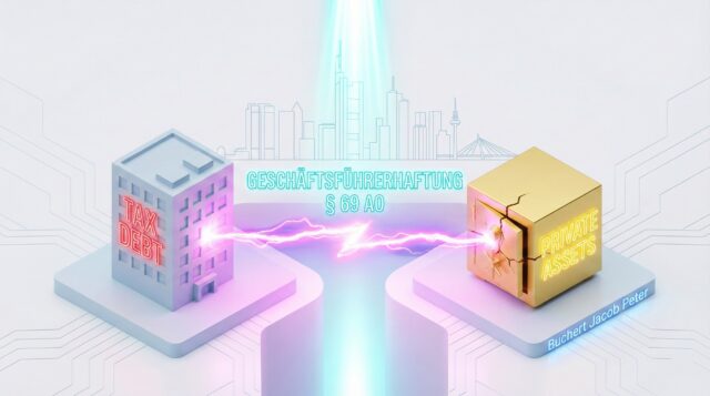 3D-Illustration: Eine leuchtende Neon-Linie verbindet symbolisch Firmengebäude und Privatvermögen vor der Frankfurter Skyline.