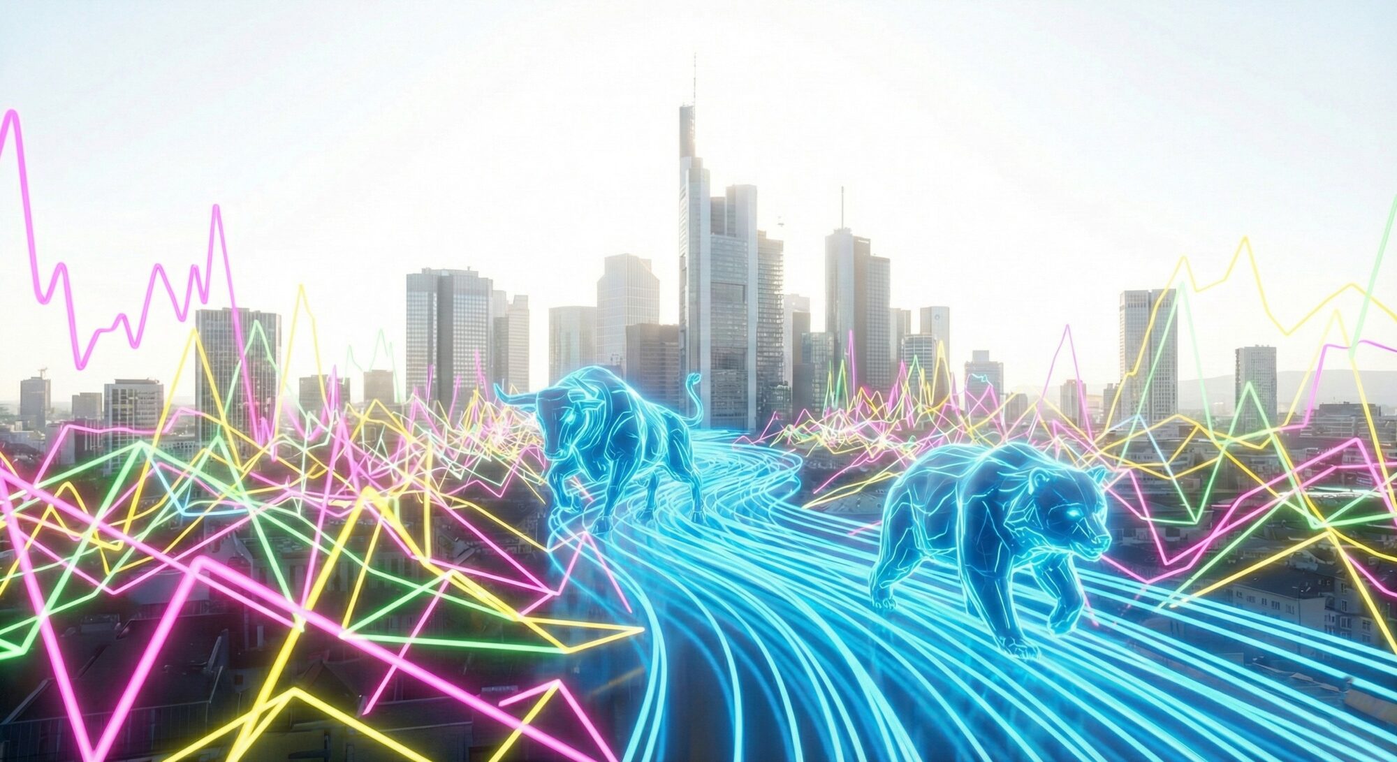 Kompetente Strafverteidigung im Kapitalmarktstrafrecht am Finanzplatz Frankfurt – Kanzlei Buchert Jacob Peter Künstlerische Neon-Visualisierung zum Kapitalmarktstrafrecht: Bulle und Bär laufen auf einer geordneten blauen Datenbahn durch chaotische Finanzströme vor der hellen Frankfurter Skyline.
