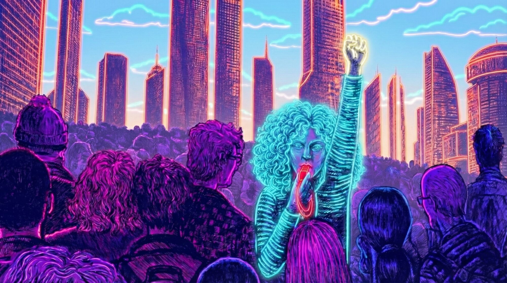 Helle Neon-Illustration einer Hinweisgeberin mit blauen lockigen Haaren, die eine leuchtend rote Trillerpfeife bläst und die gelbe Faust hebt. Sie steht als Symbol für den Mut zum Whistleblowing inmitten einer lila-blauen Menschenmenge vor einer hell erleuchteten orangen Stadtkulisse, geschützt durch das Ombudsperson-System.