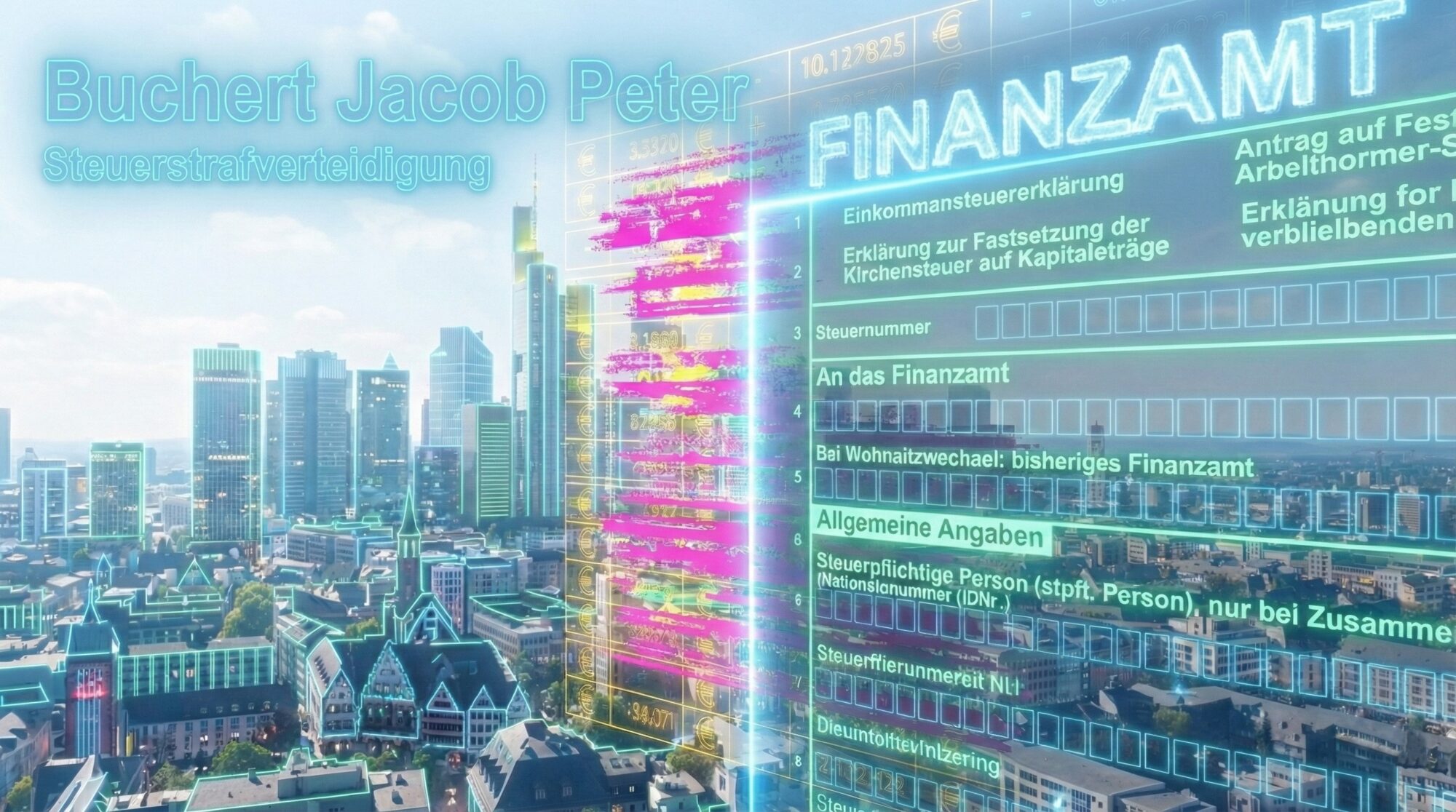 Helle Neon-Visualisierung zur Steuerstrafverteidigung und Steuerstrafrecht der Kanzlei Buchert Jacob Peter über der Frankfurter Skyline. Ein digitales Finanzamt-Formular mit einem pinken Daten-Glitch (Symbol für Steuervorwürfe) wird von einem klärenden blauen Lichtstrahl durchleuchtet und korrigiert.