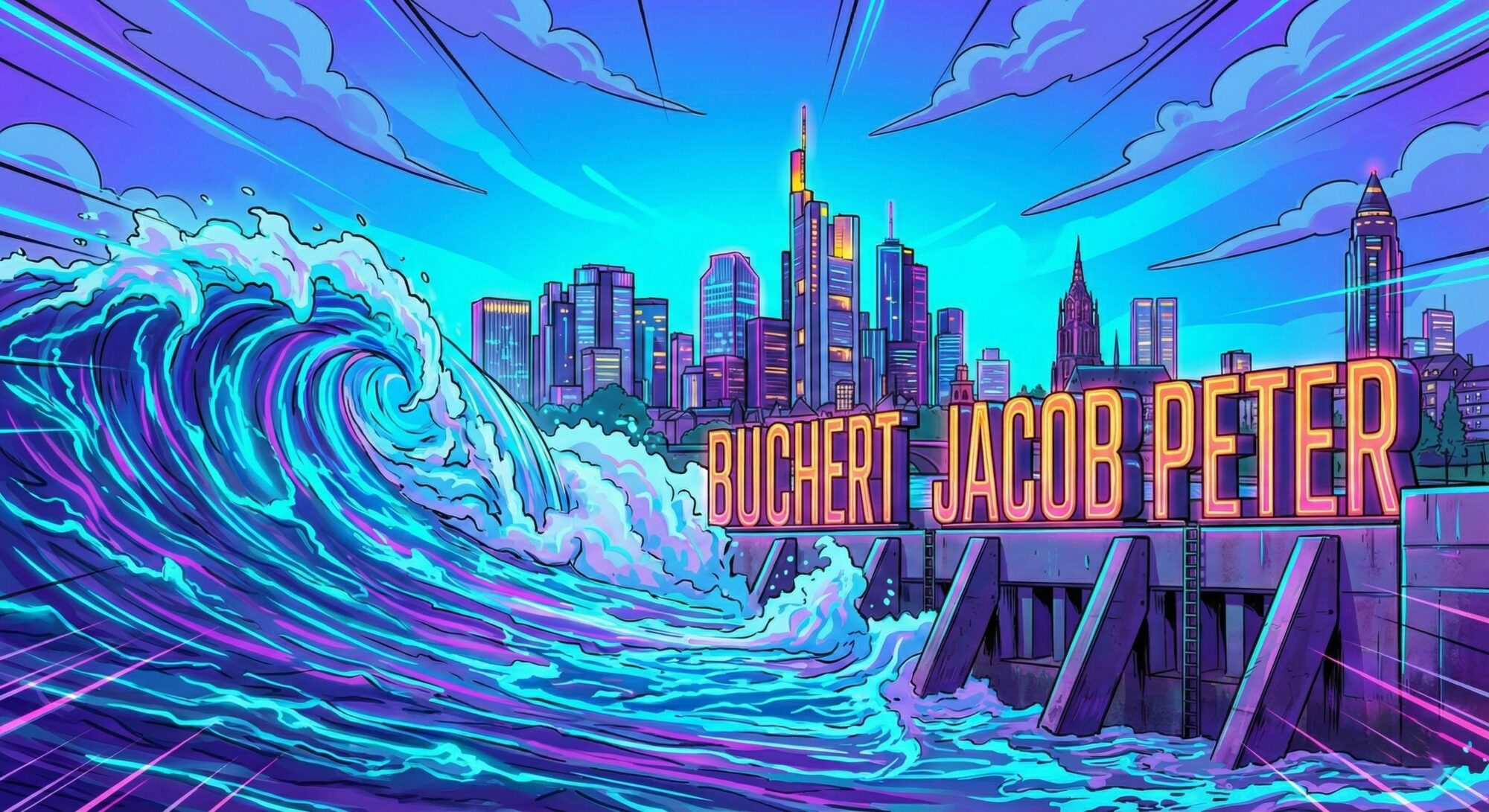 Neon-Illustration der Frankfurter Skyline, die durch einen massiven Wellenbrecher mit dem leuchtenden Schriftzug 'Buchert Jacob Peter' vor einer herannahenden großen Welle geschützt wird. Symbolbild für strafrechtliche Unternehmensberatung, Risikomanagement und Compliance-Schutz in Frankfurt.