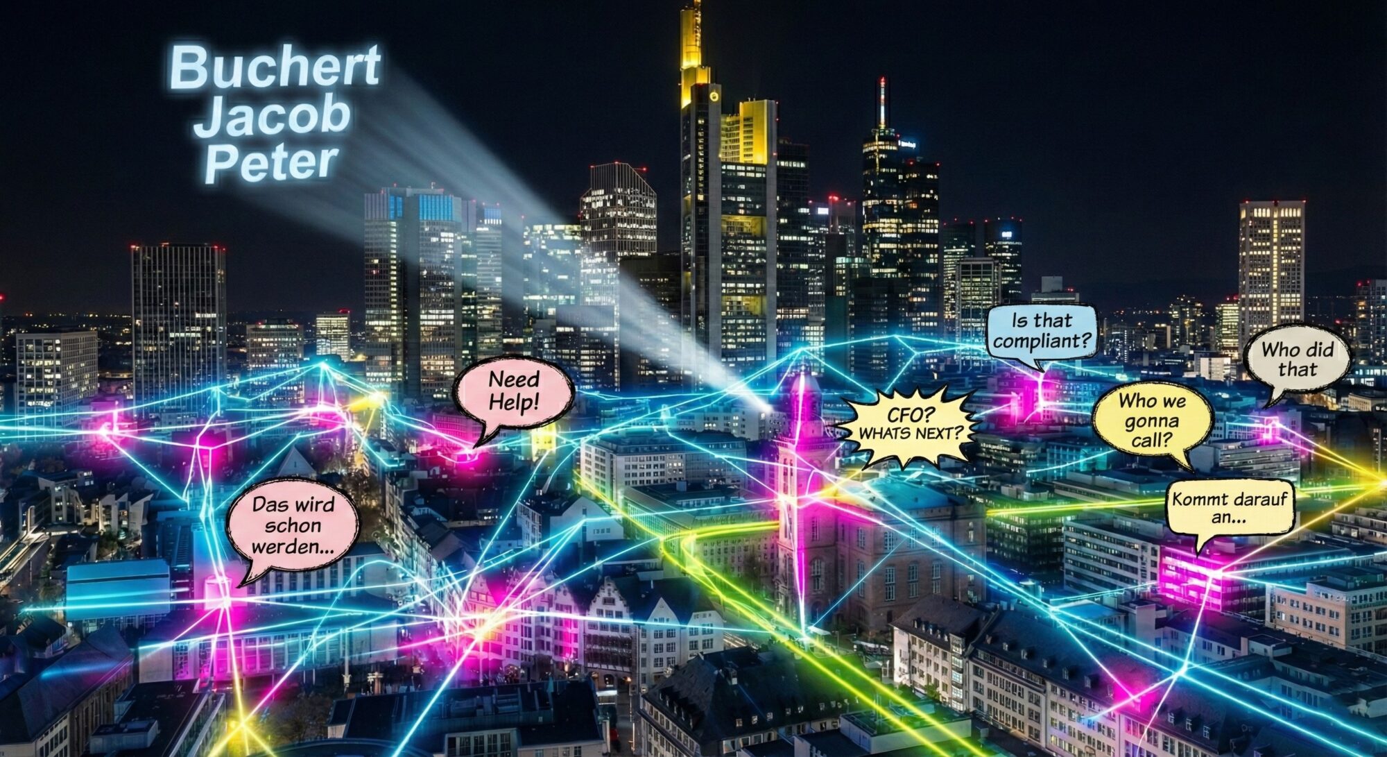 Nächtliche Frankfurter Skyline, überzogen mit einem komplexen, neonfarbenen Datennetzwerk in Blau, Pink und Gelb. Ein Scheinwerfer projiziert den Kanzleinamen 'Buchert Jacob Peter' als Hilfesignal in den Himmel. Comic-Sprechblasen mit Texten wie 'Need Help!', 'Is that compliant?' und 'CFO? WHAT'S NEXT?' symbolisieren dringende Fragen im Unternehmensstrafrecht und Wirtschaftsstrafrecht.