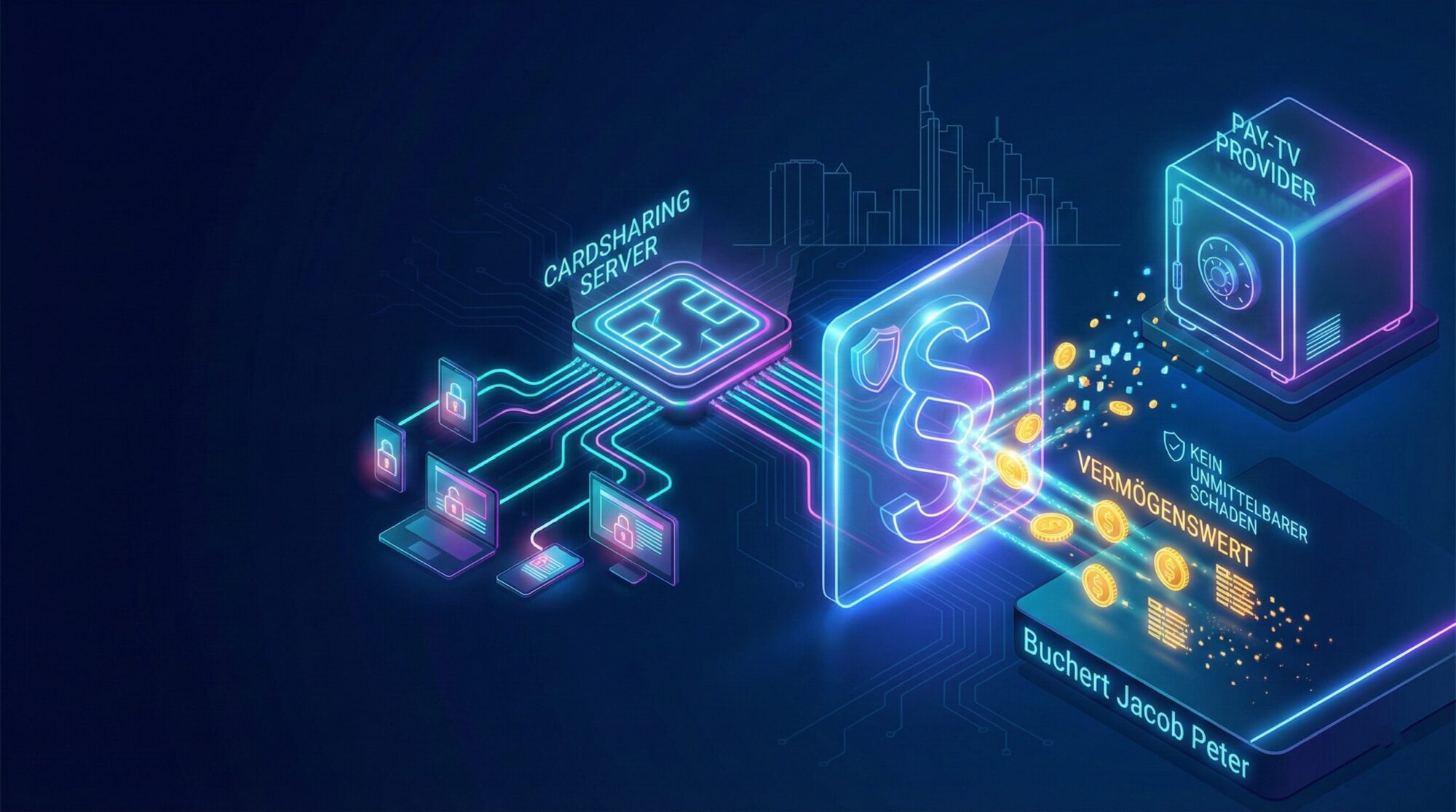 3D-Illustration: Ein digitales Netzwerk (Cardsharing) und ein Pay-TV-Safe vor der Frankfurter Skyline mit Neon-Akzenten.
