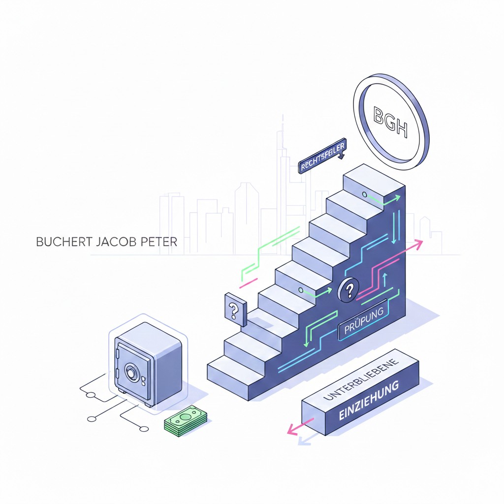 Isometrische Illustration zur Vermögensabschöpfung mit Bargeld-Stacks, 3D-Blöcken für Wertersatz und Frankfurter Skyline.