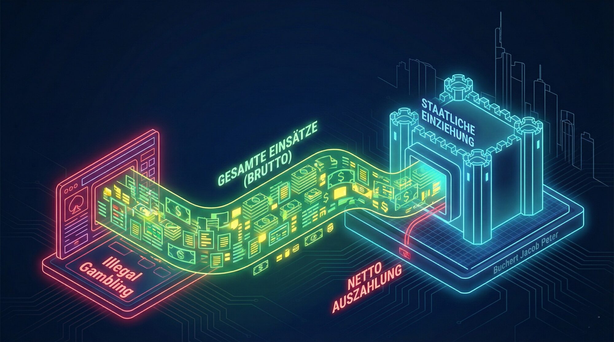 3D-Illustration: Ein Strom aus Neon-Geld fließt von einem Spielautomaten zur staatlichen Einziehung vor der Skyline.