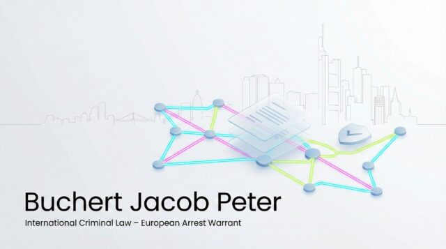 European Arrest Warrant and extradition defence at Buchert Jacob Peter with Frankfurt skyline and neon data lines.