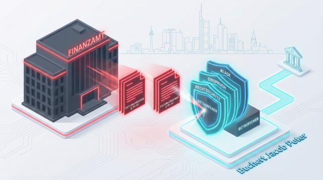 3D-Illustration: Ein blau leuchtender Rechtsschutz-Schild verteidigt gegen rote Haftungs- und Duldungsbescheide vom Finanzamt vor der Frankfurter Skyline.