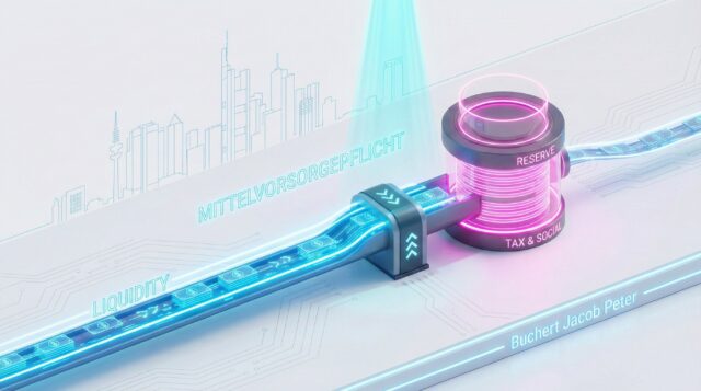3D-Illustration: Ein leuchtender Neon-Strom wird gezielt in einen geschützten Bereich (Vorsorge) gelenkt vor der Frankfurter Skyline.