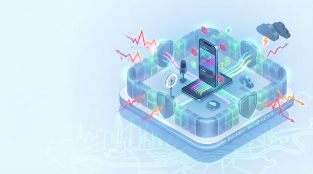 Isometrische 3D-Illustration: Ein leuchtendes Schutzschild aus Datenblöcken verteidigt digitales Influencer-Equipment vor roten Bedrohungen über der Frankfurter Skyline.