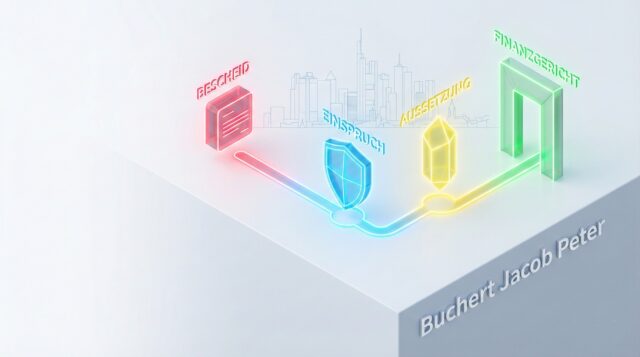 3D-Illustration: Ein leuchtender Pfad führt durch die Etappen eines Steuerverfahrens von Bescheid bis Klage vor der Skyline.