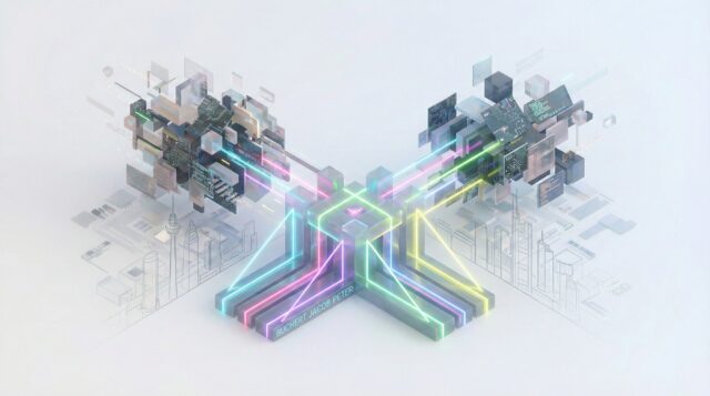 Abstraktes 3D-Keyvisual: Chaotische Datenströme und komplexe Informationen ordnen sich durch leuchtende Neon-Pfade zu einer stabilen, zentralen Struktur. Im Hintergrund eine stilisierte Frankfurter Skyline. Symbolisiert strategische Verfahrensbeendigung im Wirtschaftsstrafrecht.