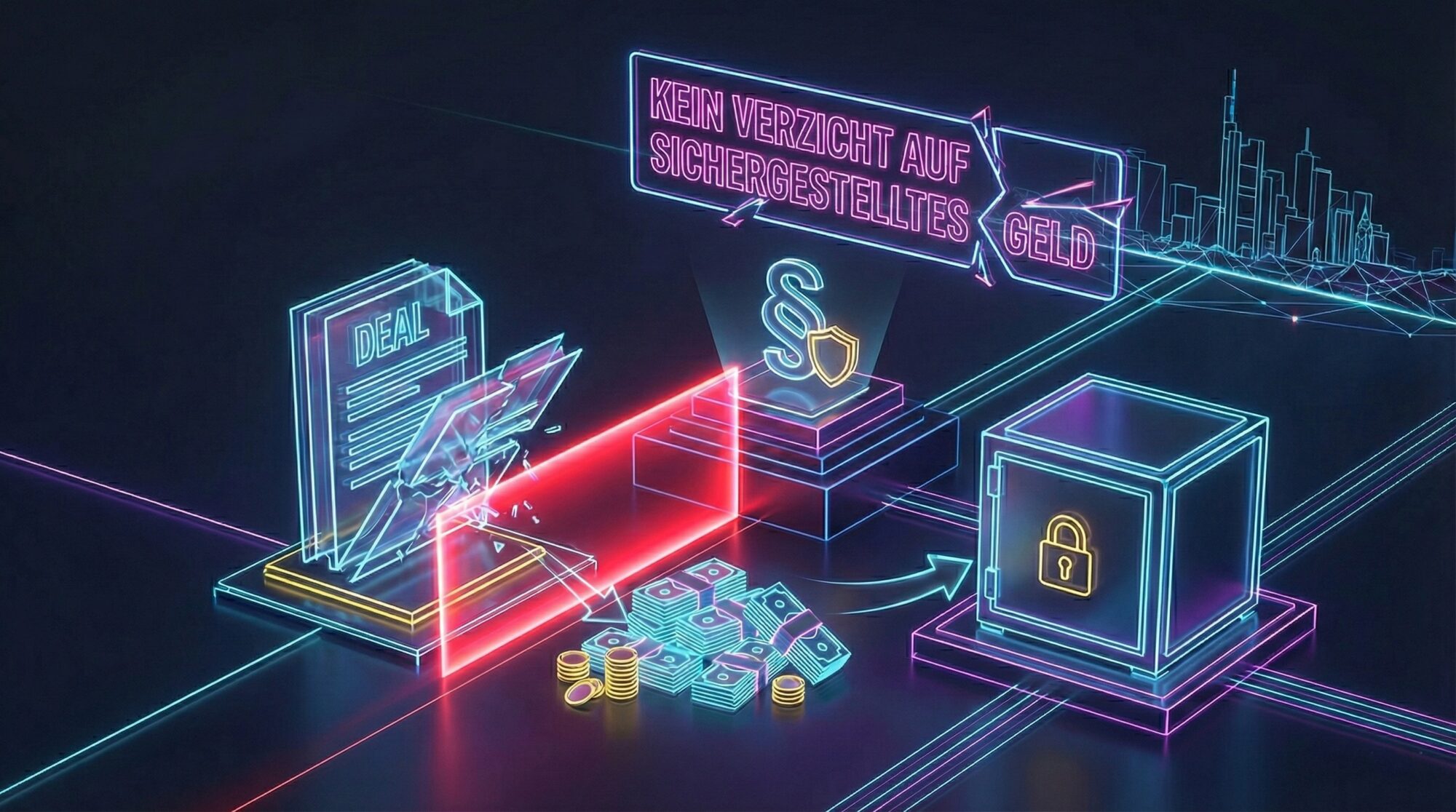 Konzeptionelle 3D-Illustration: Ein leuchtendes Neon-Gitter trennt symbolisch Geldmünzen von einer rechtlichen Vereinbarungs-Plattform vor der Frankfurter Skyline.