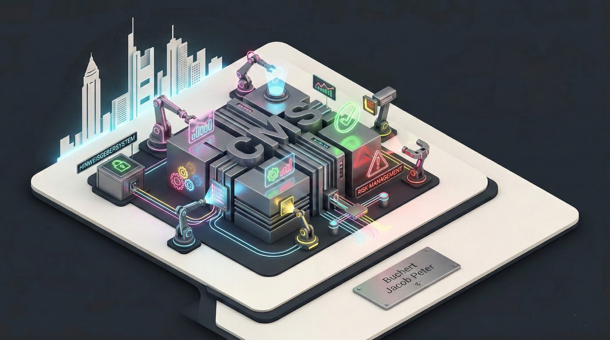 Isometrische Illustration einer CMS-Auditierung mit leuchtenden Neon-Scannern, 3D-Prüfmodulen und Frankfurter Skyline im Hintergrund.