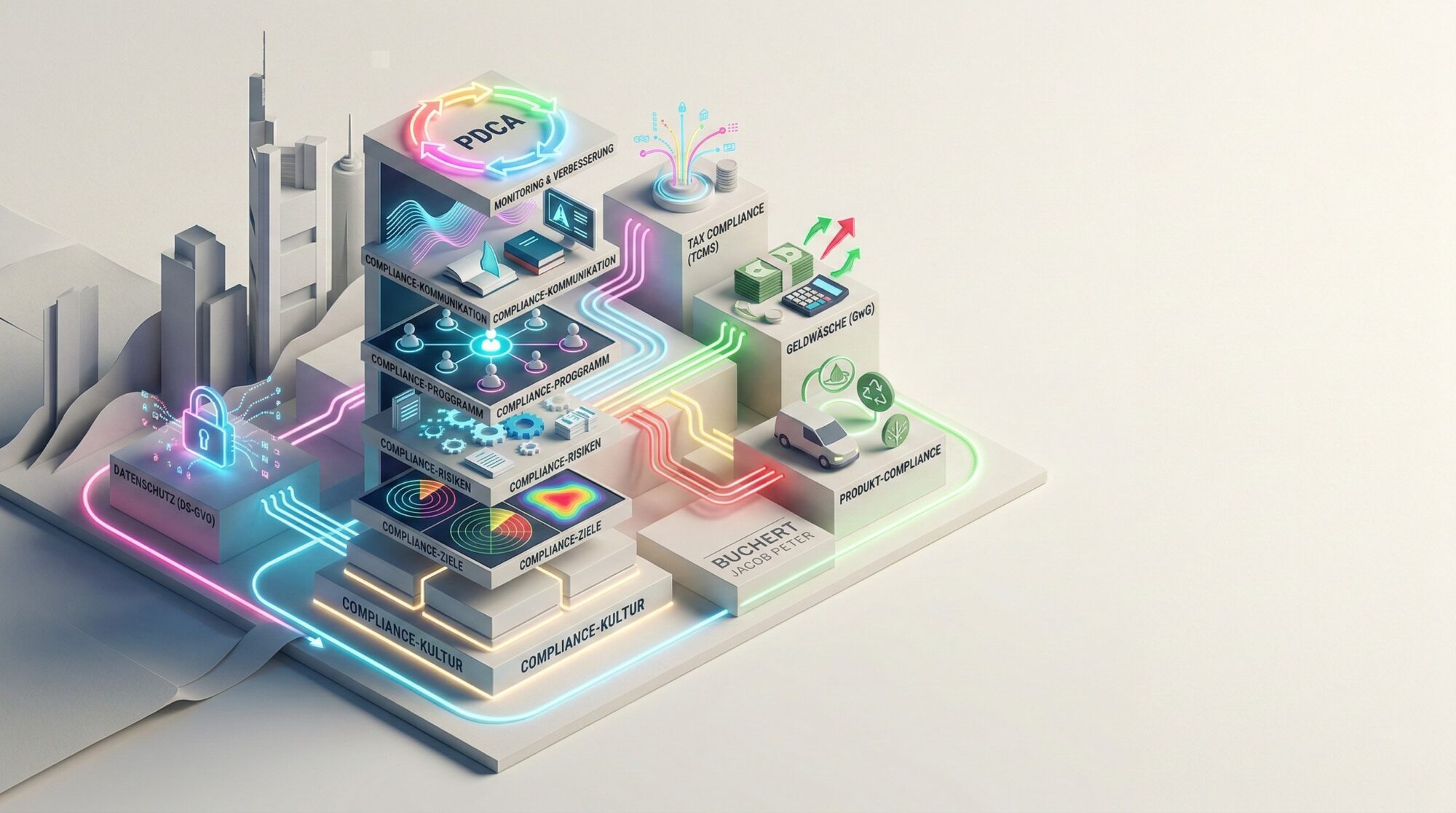 Illustrative Darstellung der 7 Kernelemente eines CMS mit PDCA-Zyklus und Fachbereichen wie Datenschutz und Steuern. Buchert Jacob Peter