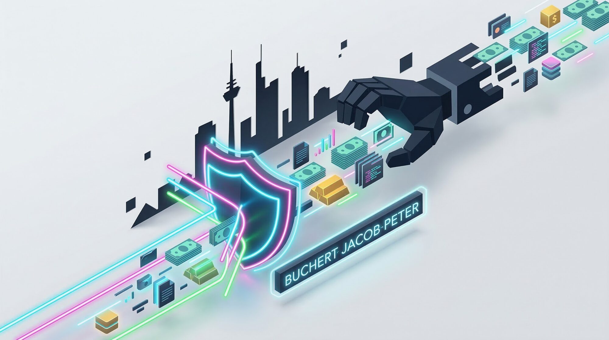 Isometrische Illustration: Neon-Schild schützt Geld und Daten vor staatlichem Zugriff einer Roboterhand vor Frankfurter Skyline. Buchert Jacob Peter