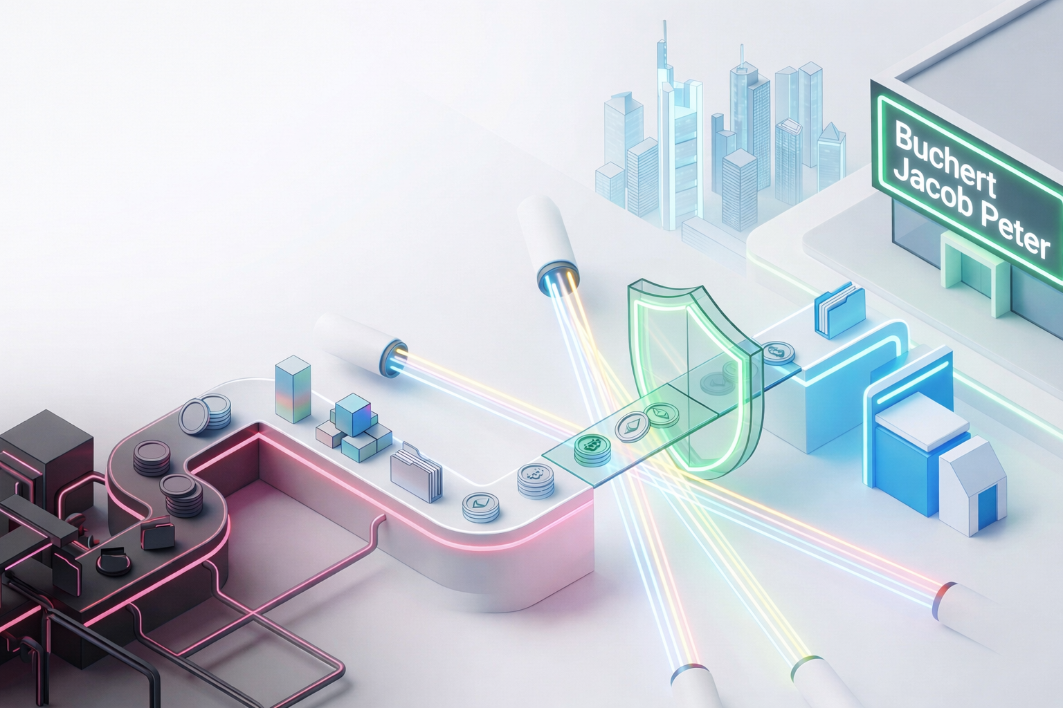 Moderne 3D-Illustration von kontrollierten Vermögensströmen und Schutzschild vor der Frankfurter Skyline.