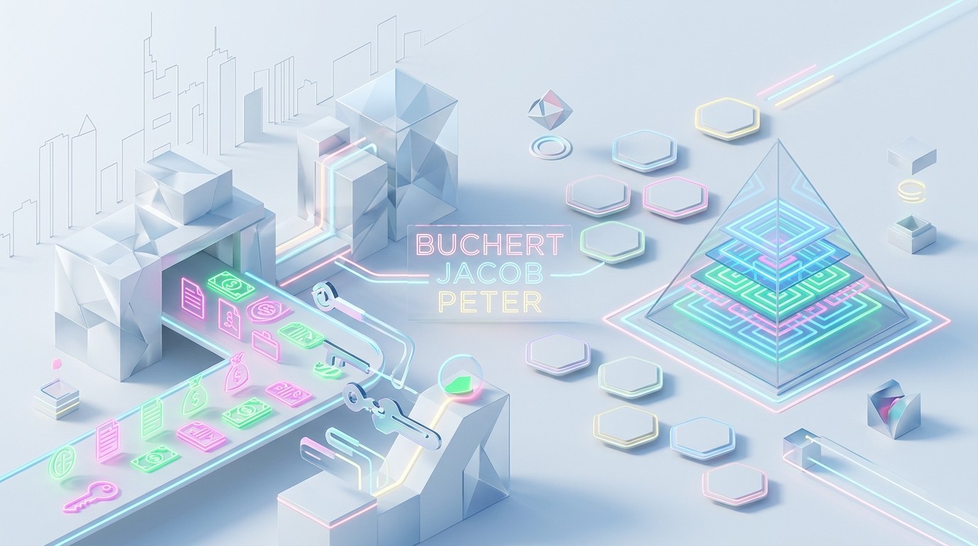Moderne 3D-Illustration mit vernetzten Glaskuben und leuchtenden Neon-Pfaden vor einer dezenten Frankfurter Skyline.