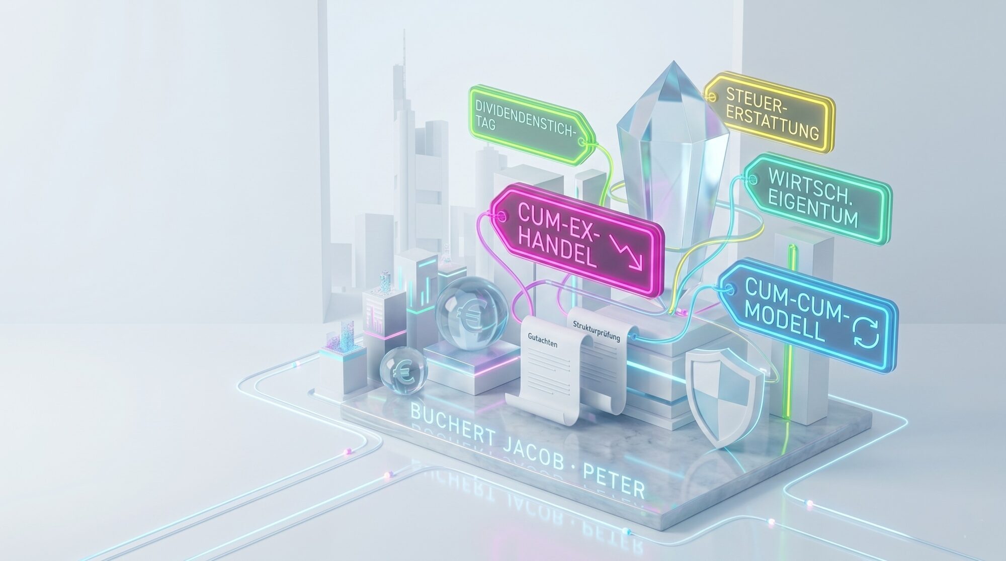 Abstrakte, helle 3D-Illustration mit verschlungenen Datenströmen und Neon-Akzenten zur Darstellung komplexer Finanz- und Steuerverfahren.