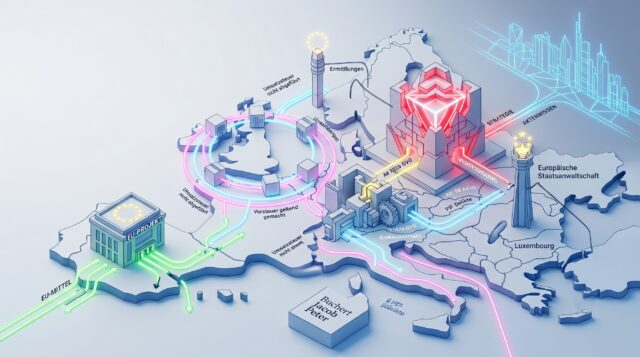 Isometrische Kanzlei-Illustration zu EUStA, Umsatzsteuerkarussell und EU-Subventionsbetrug mit Neon-Akzenten und Frankfurter Skyline.