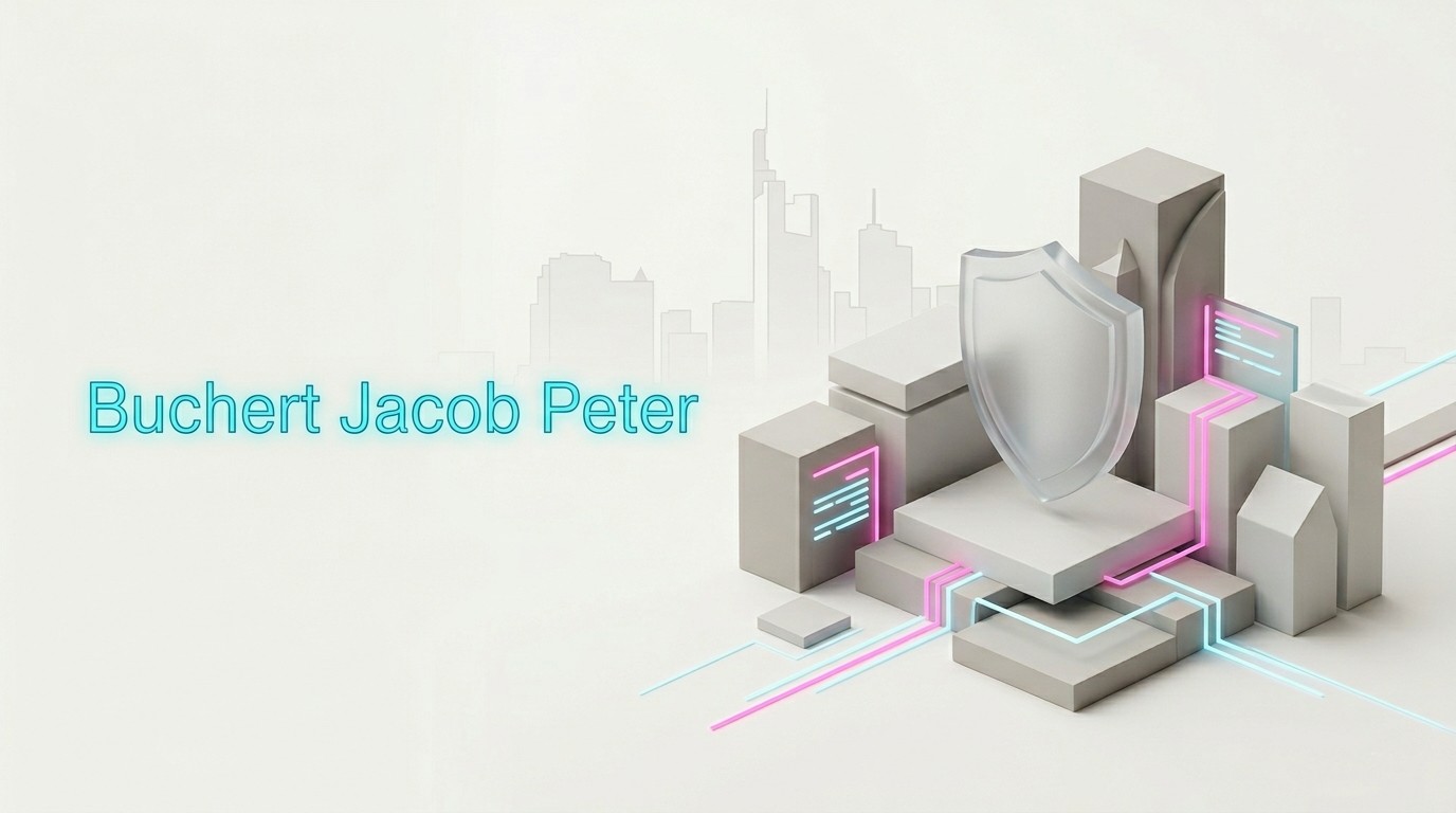 Moderne 3D-Illustration mit hellem Hintergrund, einem abstrakten Schutzschild, Neon-Datenlinien und der Skyline von Frankfurt.