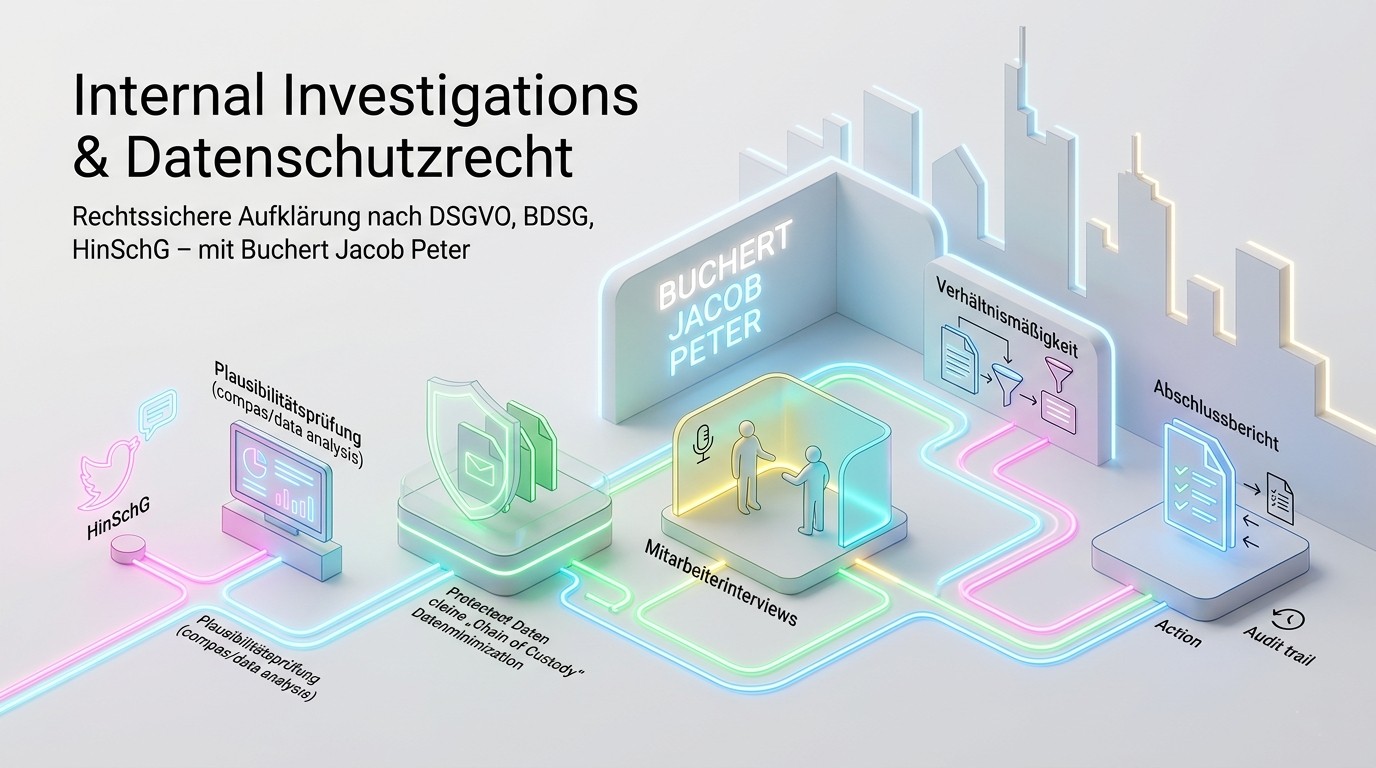 Isometrische Grafik zu internen Ermittlungen und Datenschutz mit leuchtenden Neon-Pfaden vor der Frankfurter Skyline.